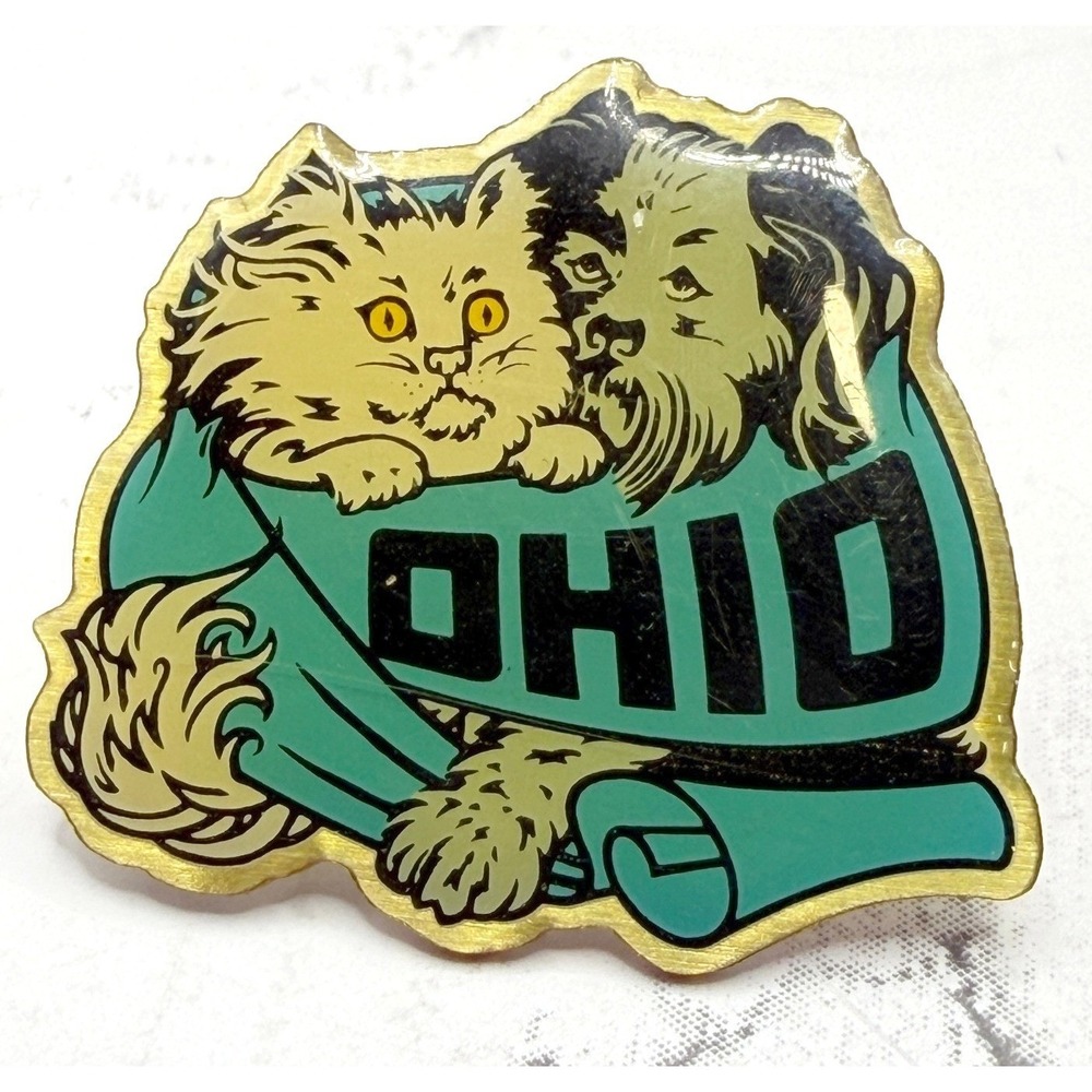 Vintage Ohio Cat Dog Pin Cute Animal Enamel Brooch Gold Tone